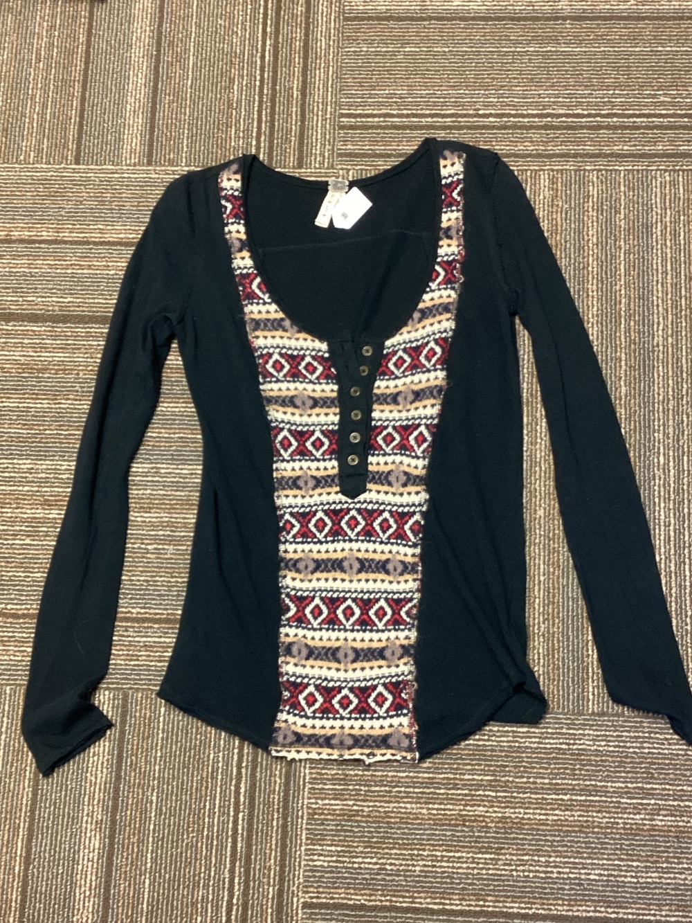 We The Free Black Long Sleeve Top with Red and Cream Patterned Front
